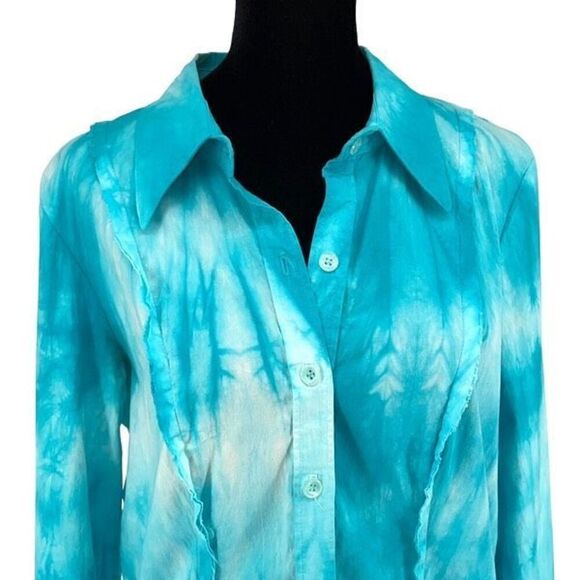 Love Junkie Women’s Tie Dye Button Down Shirt Studded Cross Teal Size Large‎ - Picture 2 of 11